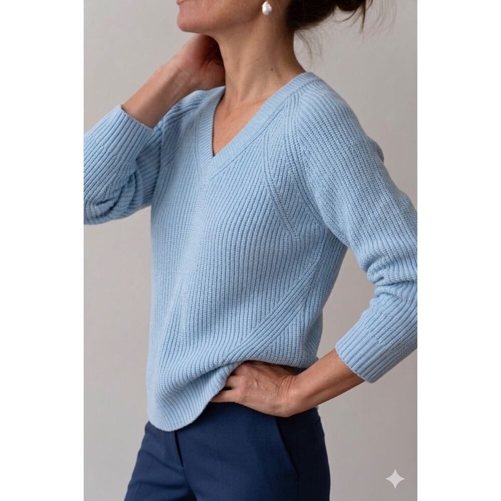 Marled Sky Blue V Neck Knit Sweater Size M Soft Ribbed NWT Cozy Minimalist